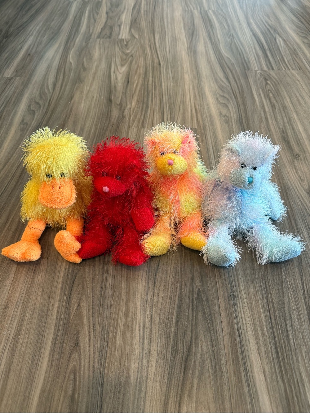 4Pc Ty Fuzzy Plush Animals - Yellow, Red, Rainbow, Light Blue